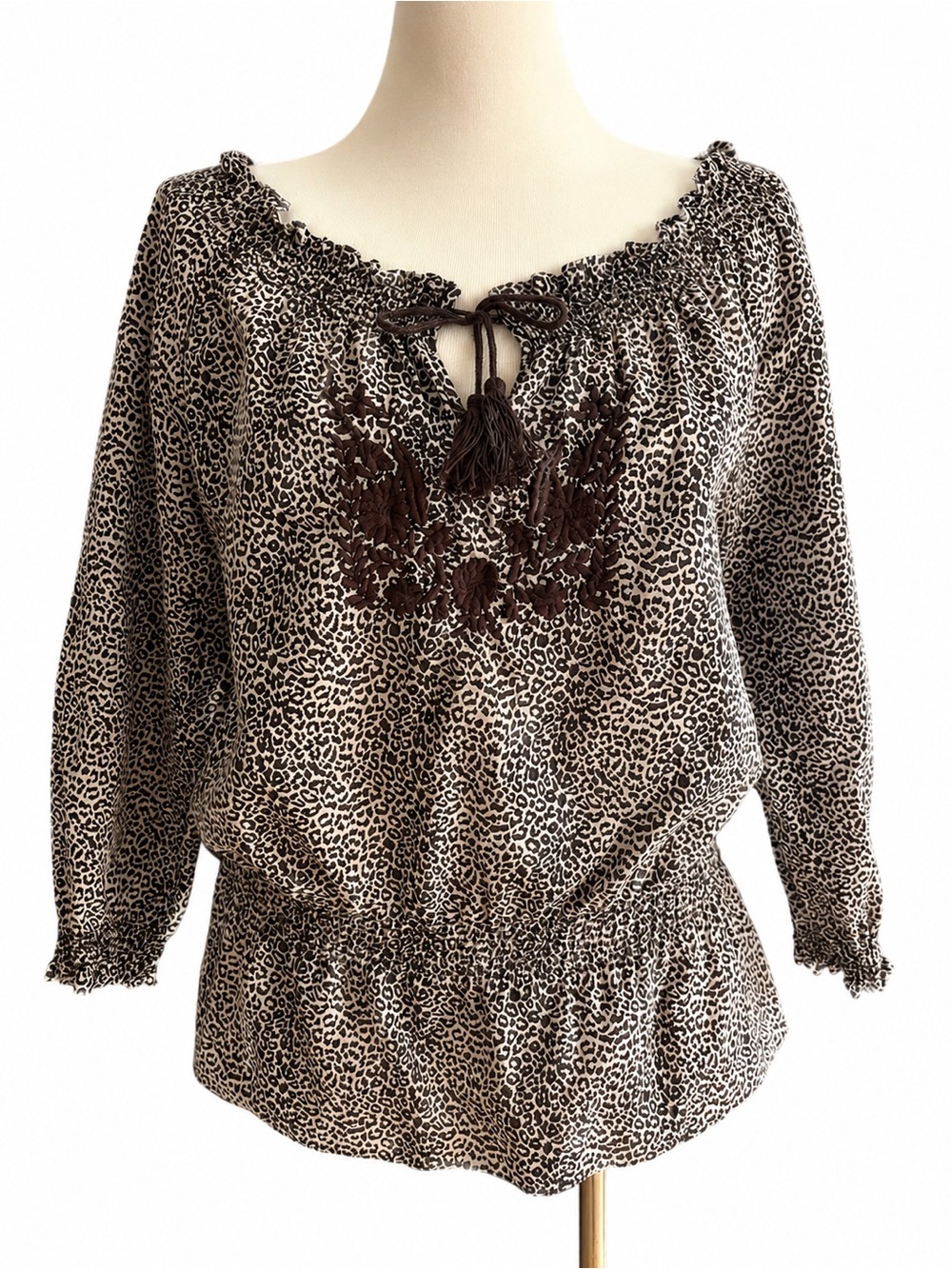 Zoe D Leopard Print Peasant Top Off Shoulder Boho Embroidered Size Large